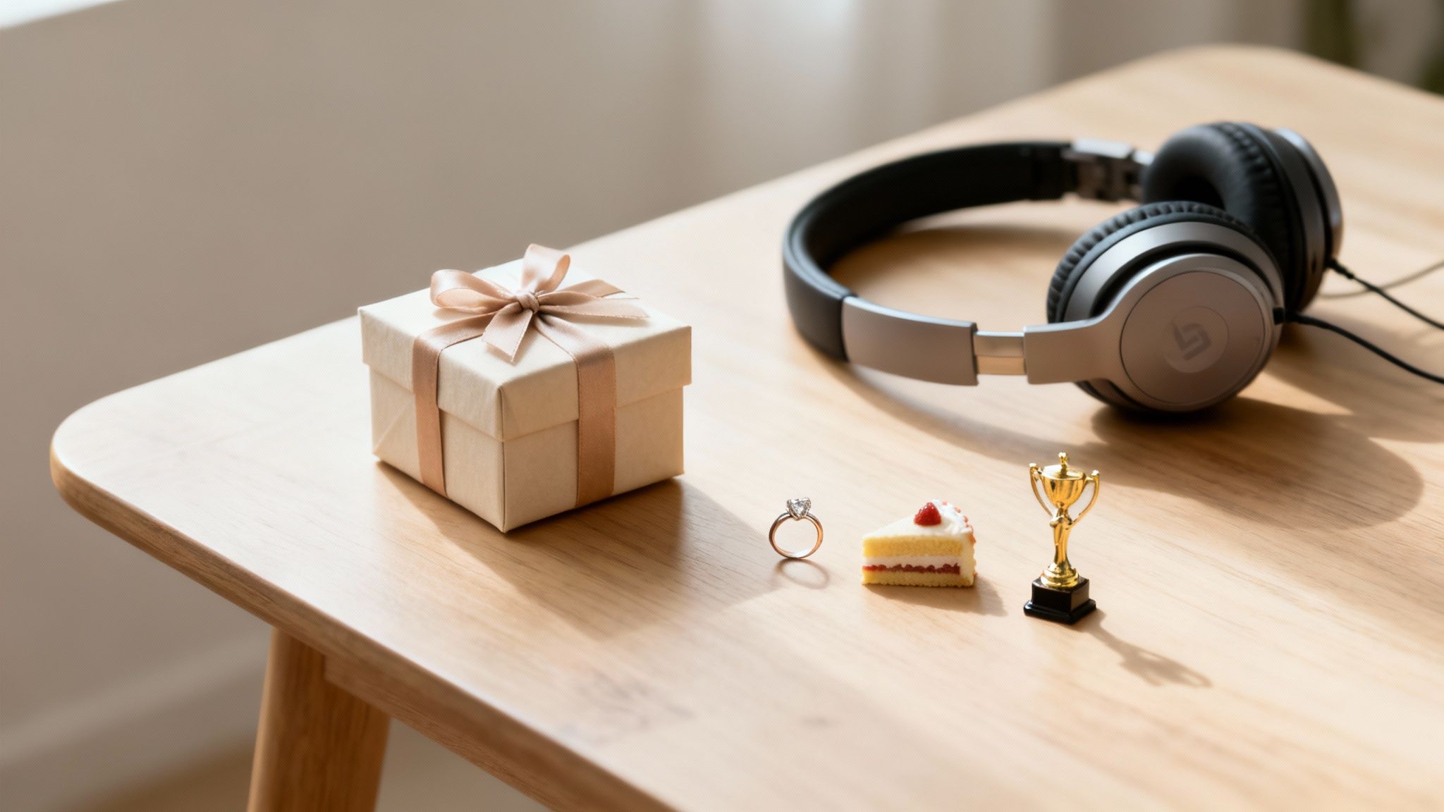 Une boîte cadeau, une bague en diamant, une part de gâteau, un petit trophée et un casque audio sur une table en bois.