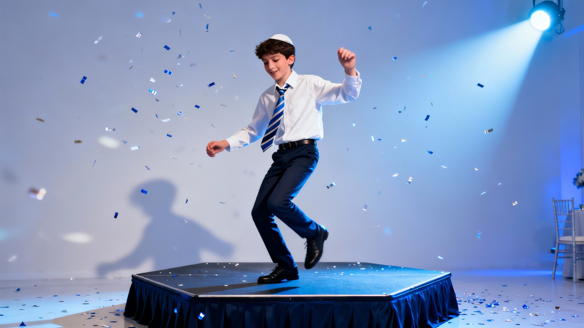 A happy boy in a yarmulke dances on stage with confetti at his Bar Mitzvah.