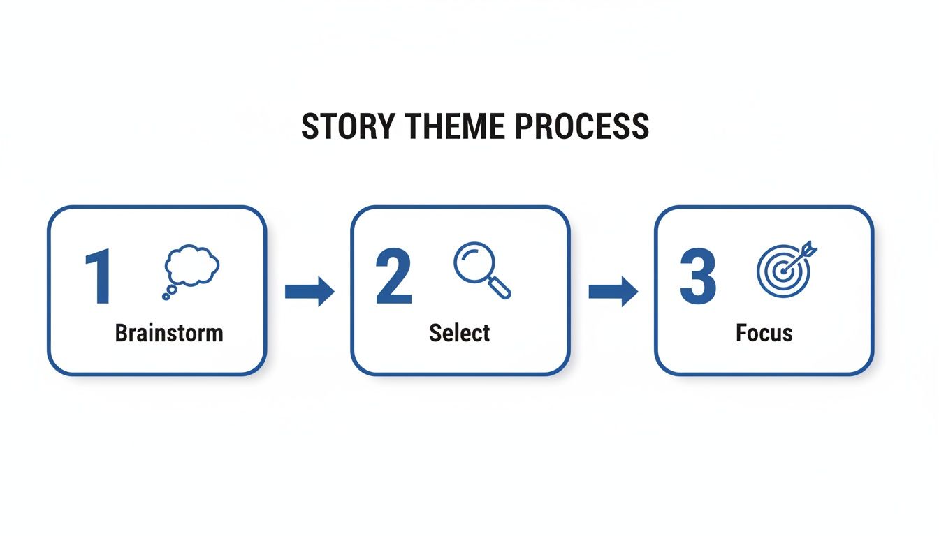 A diagram illustrating the three-step Story Theme Process: Brainstorm, Select, and Focus, with corresponding icons.