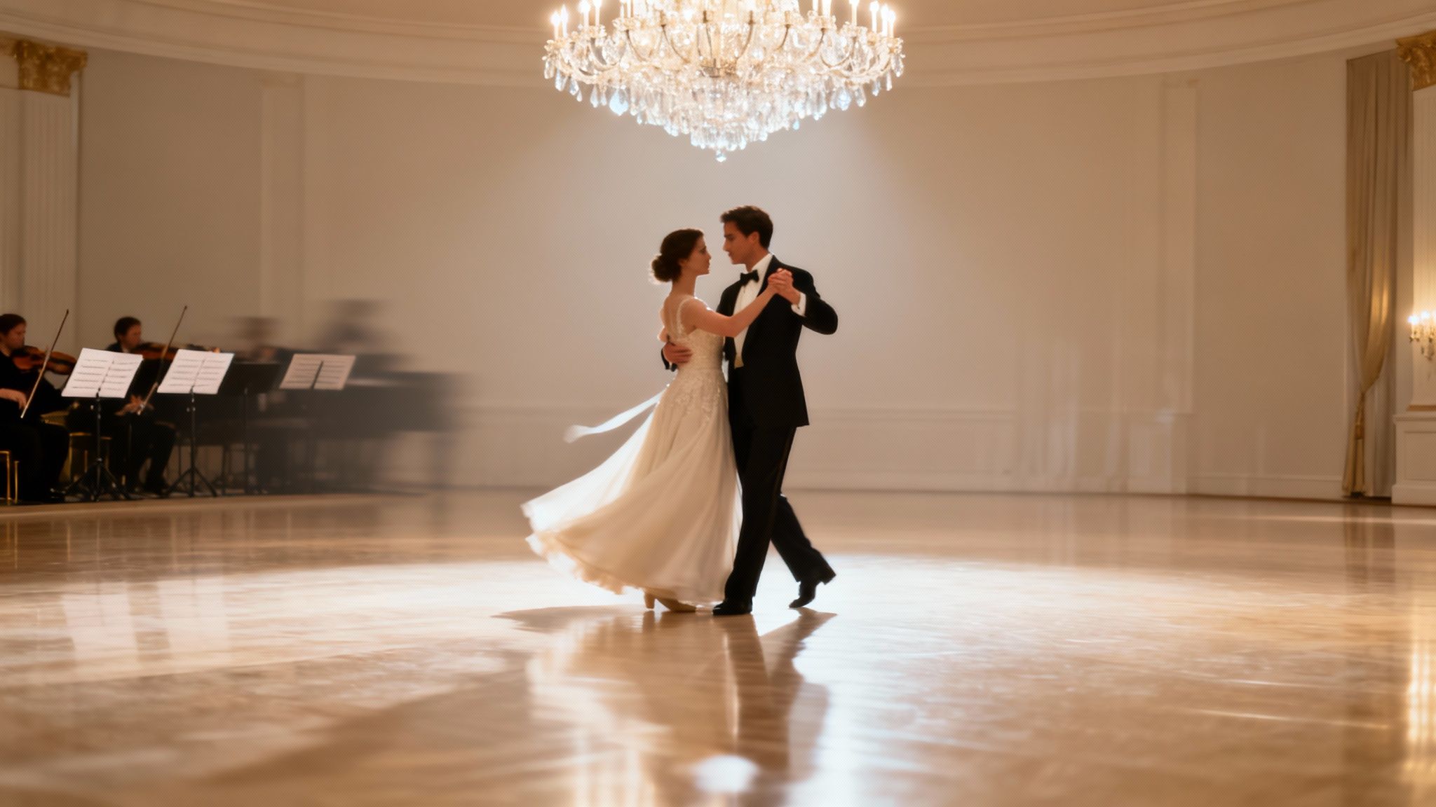 A couple gracefully ballroom dancing under a crystal chandelier with an orchestra playing.
