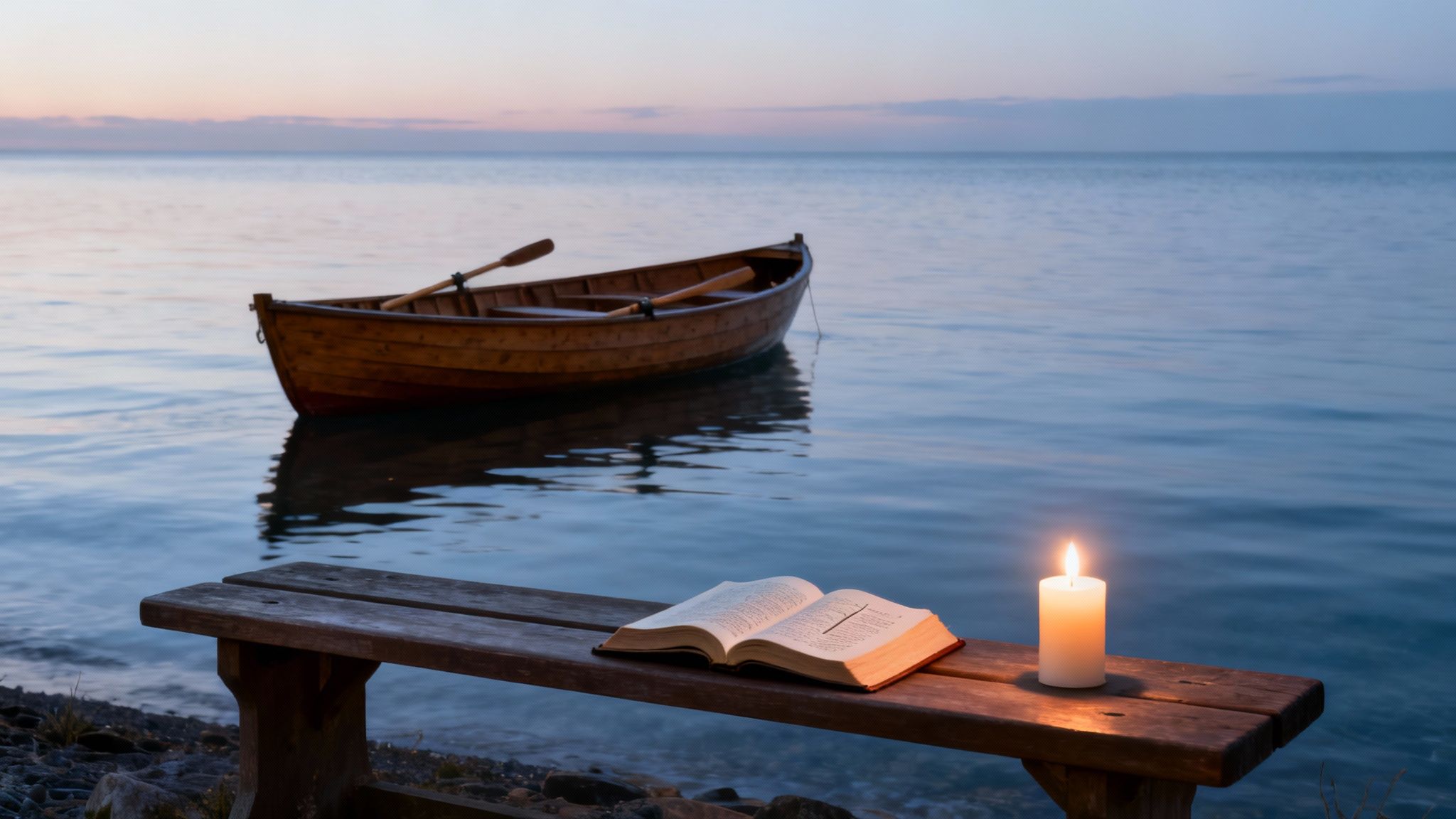 Une soirée paisible avec une barque en bois sur une eau calme, un livre et une bougie allumée sur un banc.