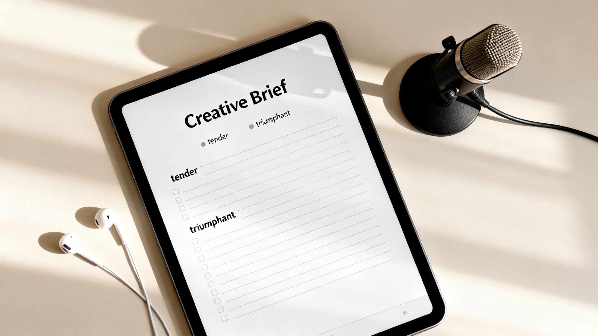 A tablet displaying a 'Creative Brief' document, alongside white earphones and a studio microphone.