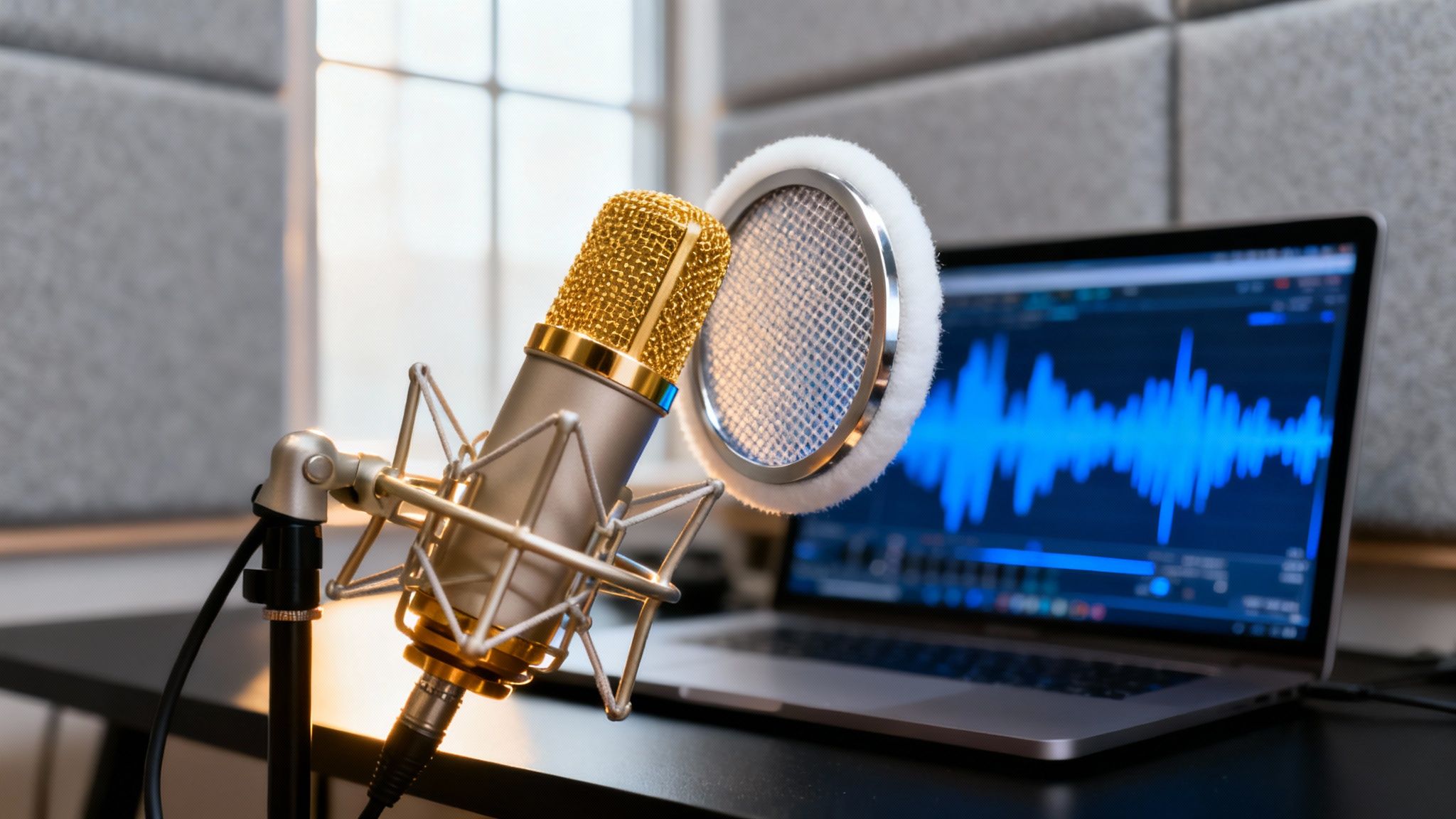 A gold and silver condenser microphone with a pop filter in a recording studio, a laptop displaying audio waveforms.