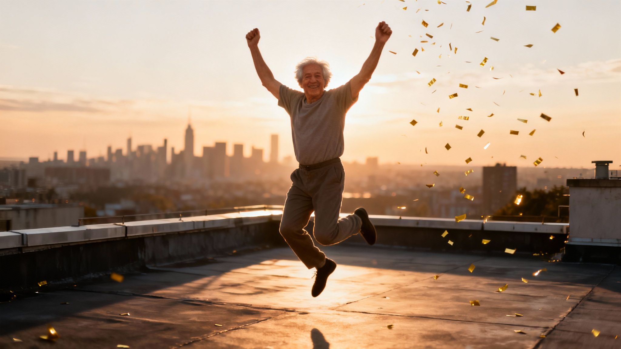 Un homme âgé, joyeux, célèbre en sautant sur un toit de la ville avec des confettis et une vue imprenable sur la ville au coucher du soleil.