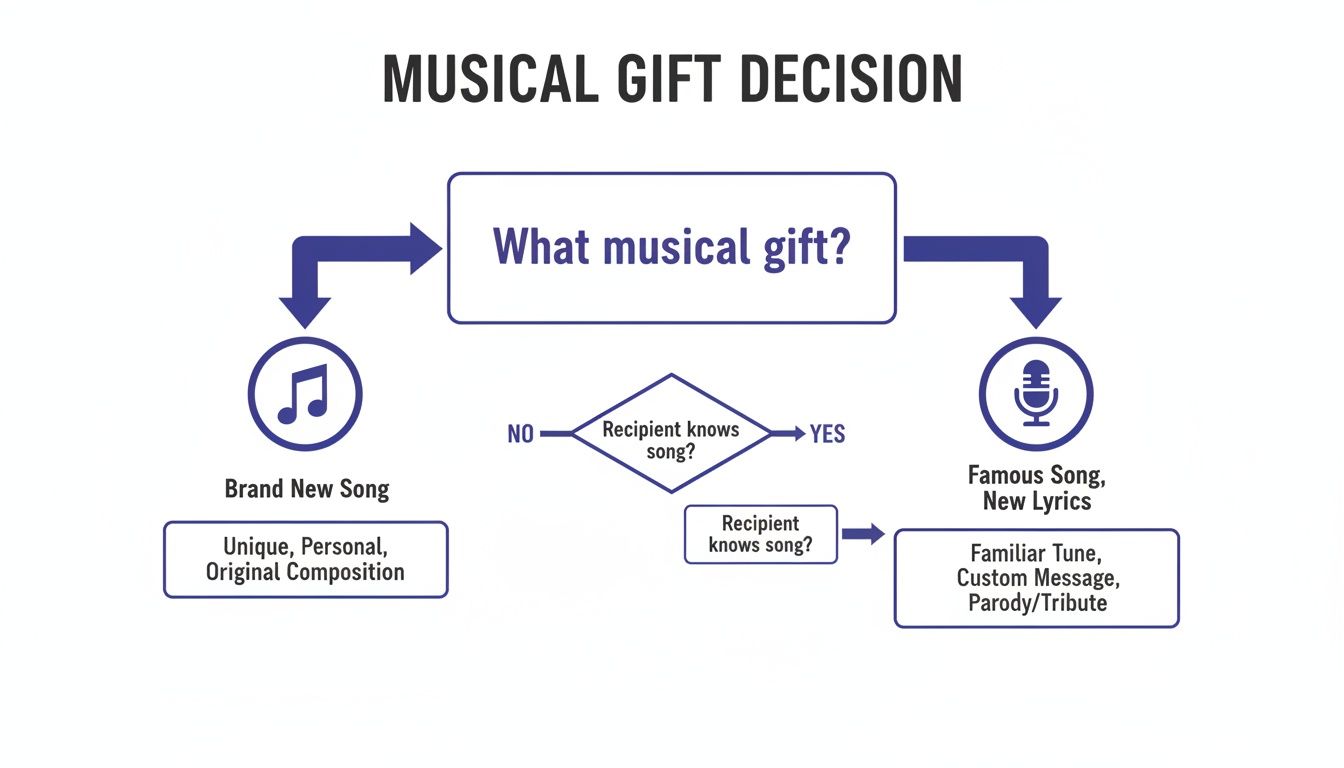Un organigramme illustrant les décisions relatives aux cadeaux musicaux : chanson inédite ou chanson célèbre avec de nouvelles paroles.
