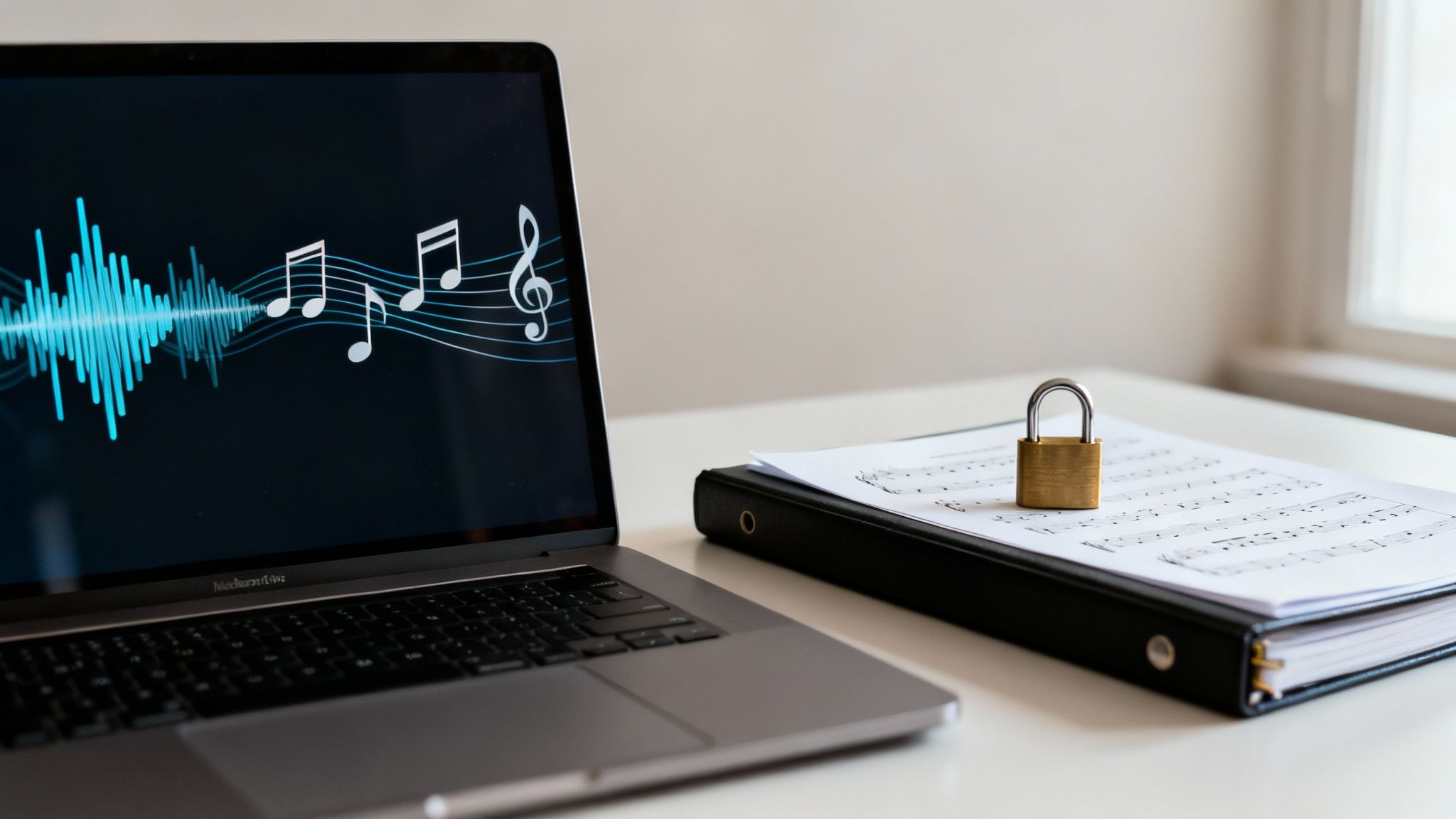 Auf einem Laptop werden Musikwellen und Noten neben Notenblättern angezeigt, die mit einem goldenen Vorhängeschloss gesichert sind.