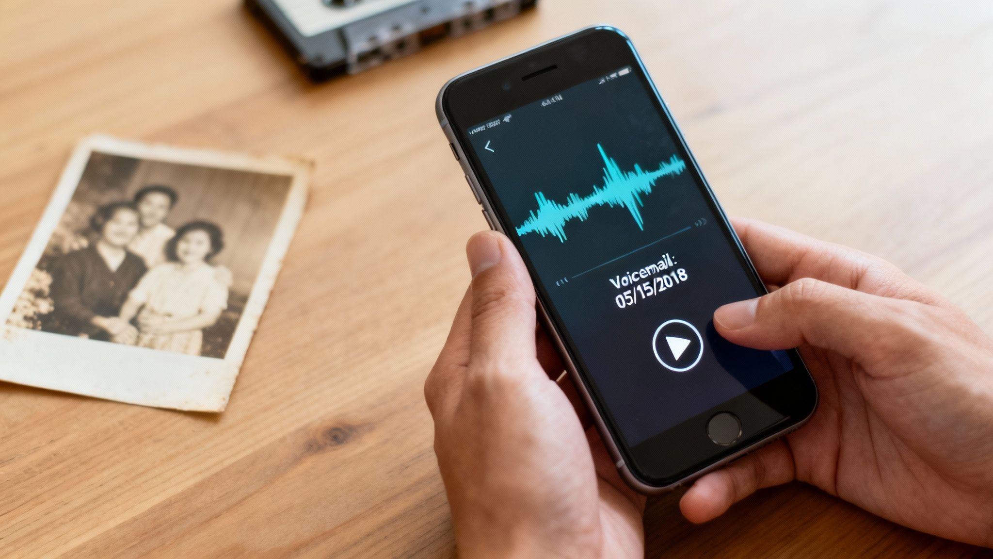 Hands hold smartphone playing old voicemail next to vintage family photo and cassette player.