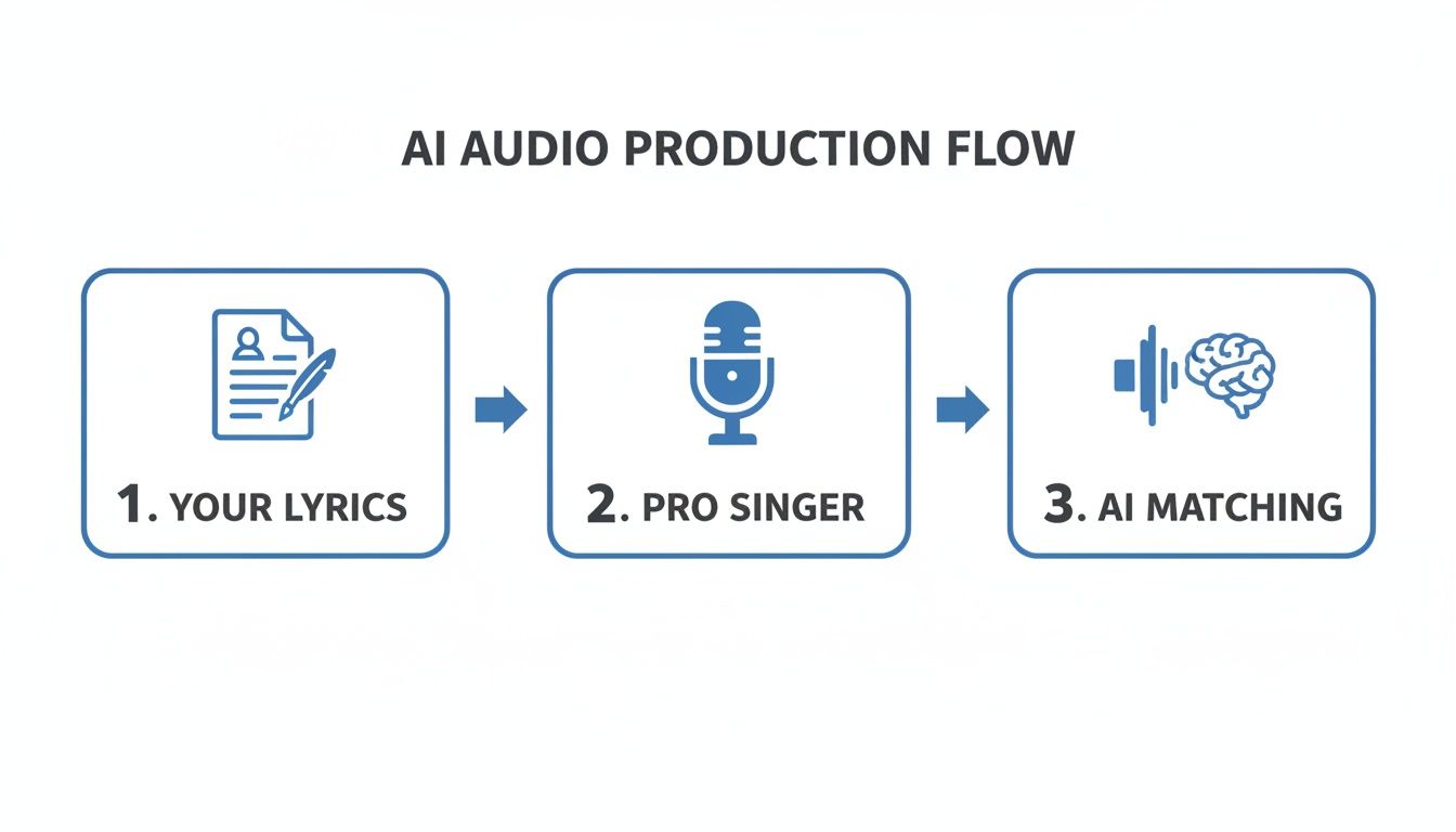 Flowchart detailing the AI audio production process from user lyrics to pro singer recording and AI matching.
