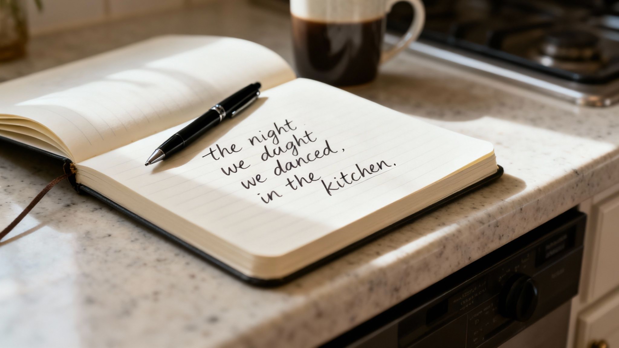 A person writing heartfelt lyrics in a notebook with a pen.