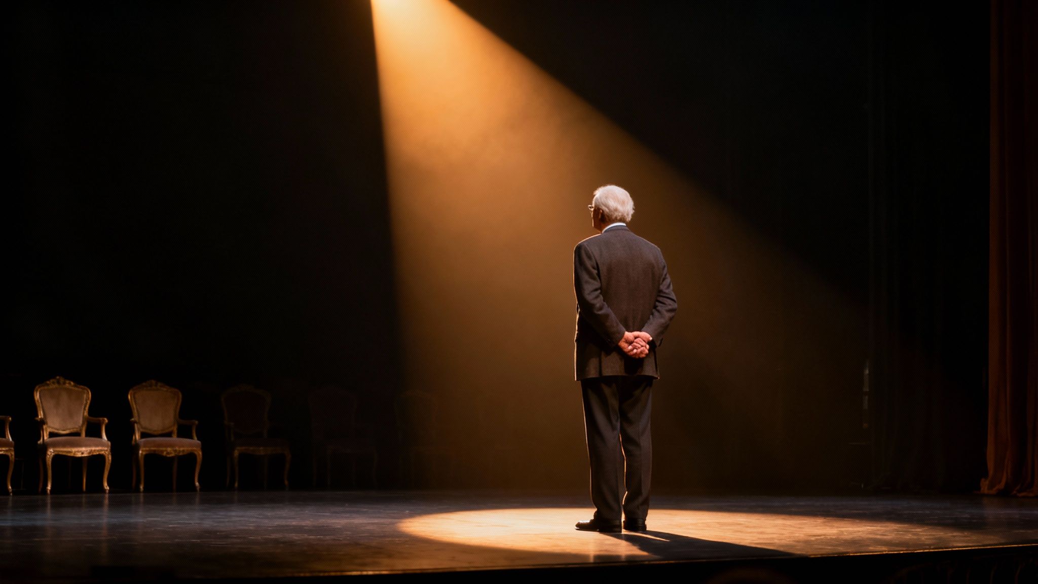 Un homme âgé se tient sur scène, baigné d'une lumière chaude, entouré de chaises vides.