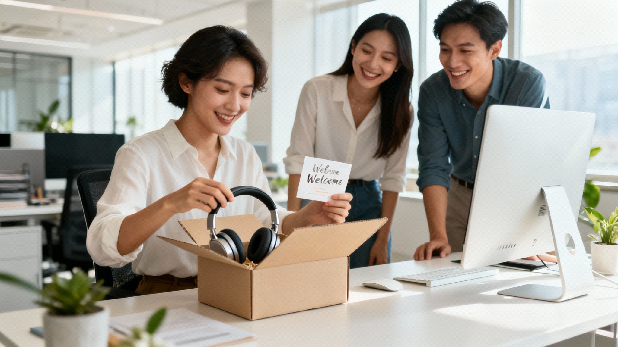 Three smiling colleagues in a modern office, one unboxing headphones and a welcome card.