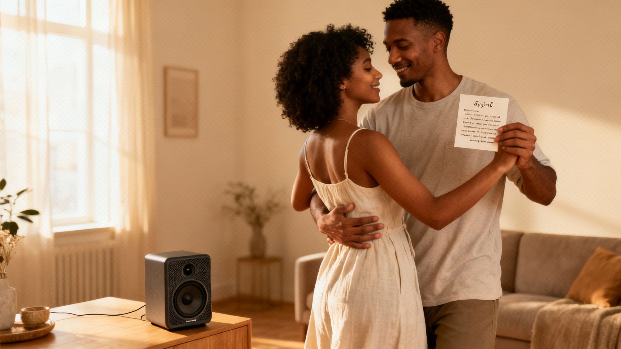 Smiling couple dancing intimately in a sunlit living room, holding song lyrics paper.