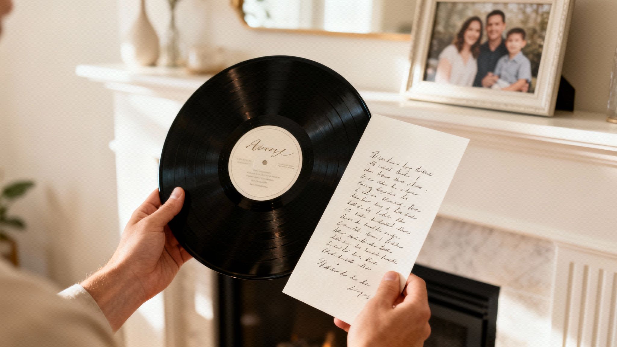 A person holds a custom vinyl record with 'Avery' on it and a handwritten song lyric sheet.