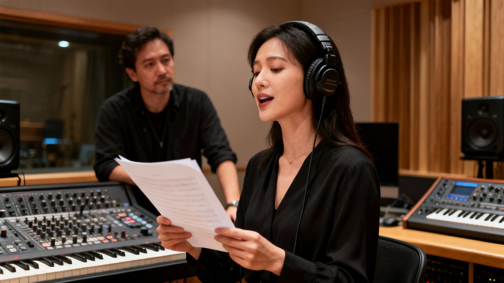 A female vocalist wearing headphones sings with sheet music in a recording studio, watched by a male producer.