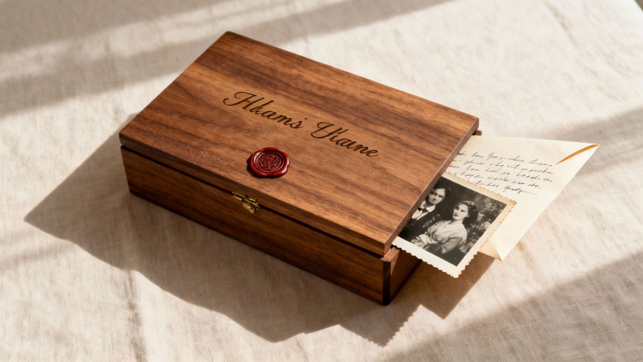 Personalized wooden keepsake box engraved with names, red wax seal, vintage photo and letter