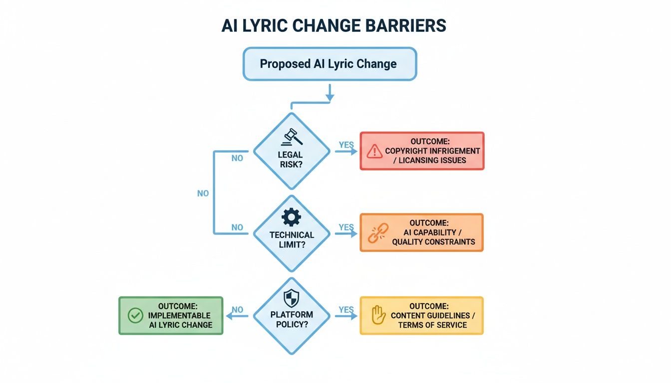 Entscheidungsbaum zur Darstellung potenzieller Hindernisse für vorgeschlagene KI-gestützte Liedtextänderungen, einschließlich rechtlicher, technischer und plattformpolitischer Risiken.