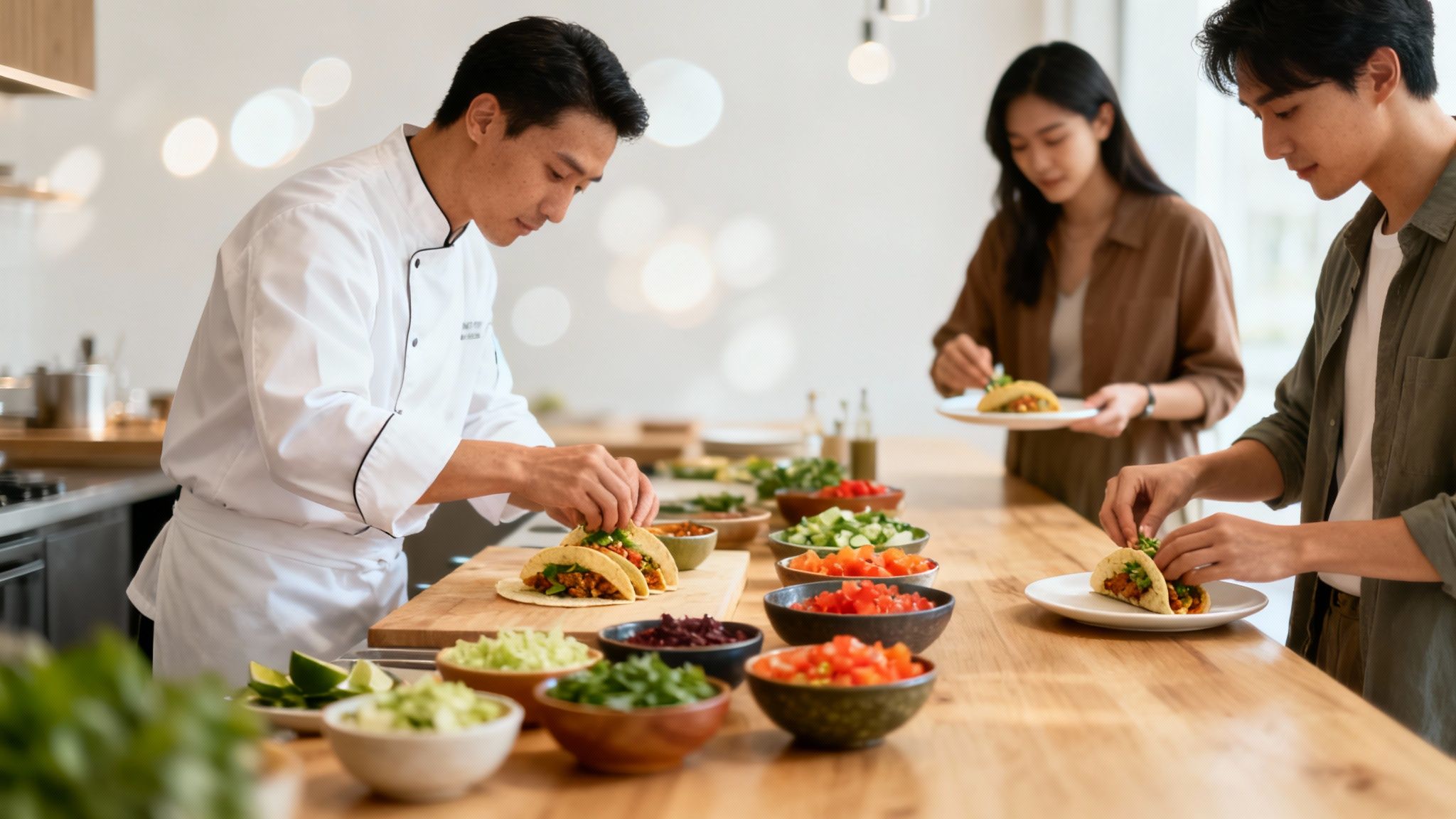 Chef and guests preparing tacos with fresh ingredients at interactive cooking station