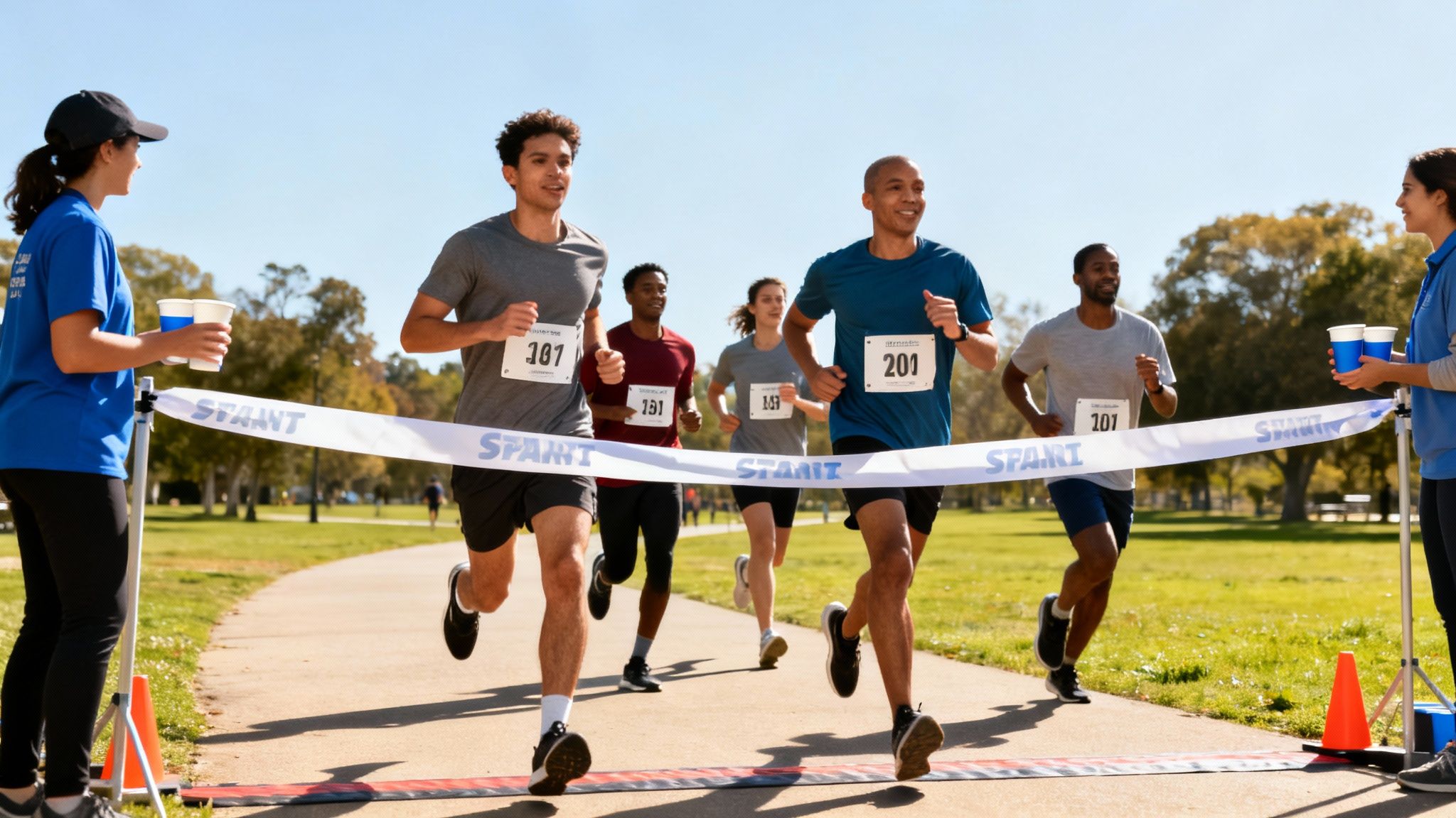 Des coureurs de tous horizons franchissent avec enthousiasme la ligne de départ d'une course caritative, sous la surveillance de bénévoles.