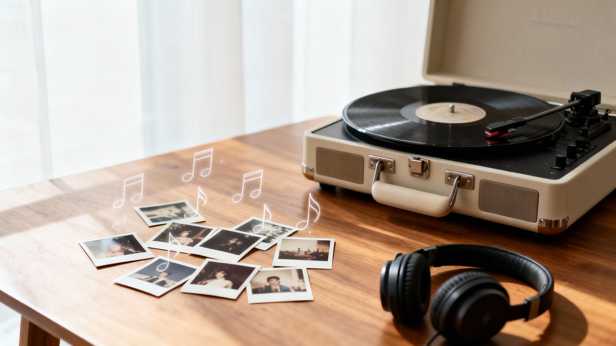 Une platine vinyle de style vintage, des photos instantanées éparpillées avec des notes de musique flottantes et un casque audio posés sur une table en bois.
