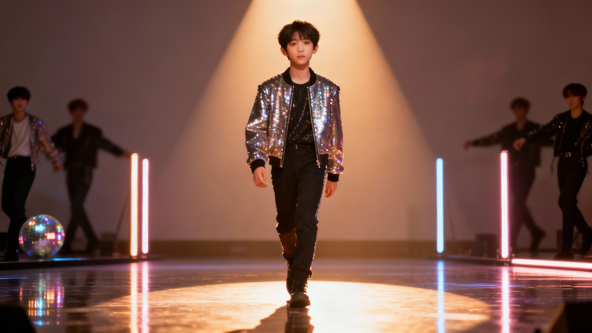 A young boy in a shimmering jacket walks confidently on a stage under a spotlight.