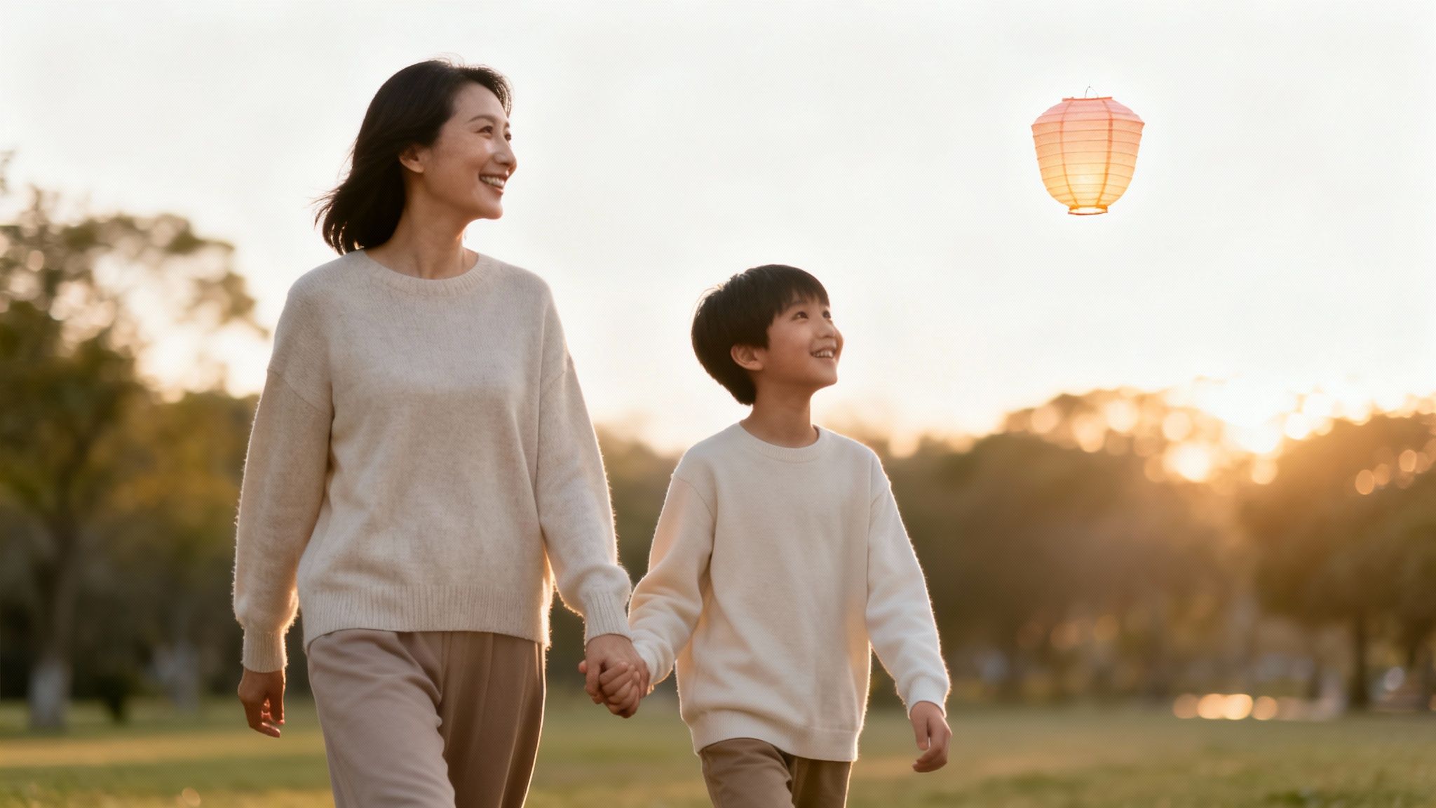 Smiling Asian mother and son holding hands, looking at a glowing lantern at sunset.