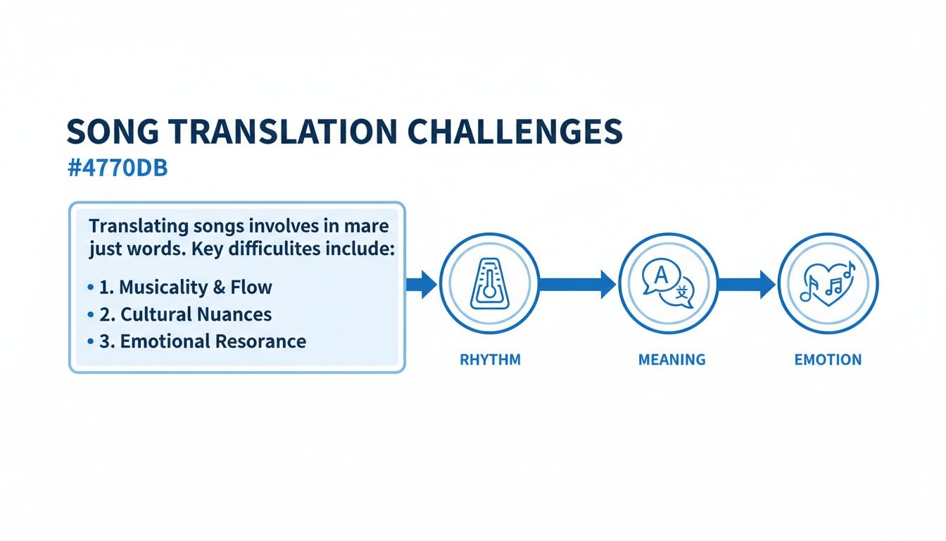 Infographic showing song translation challenges: musicality, cultural nuances, and emotional resonance through rhythm, meaning, and emotion.