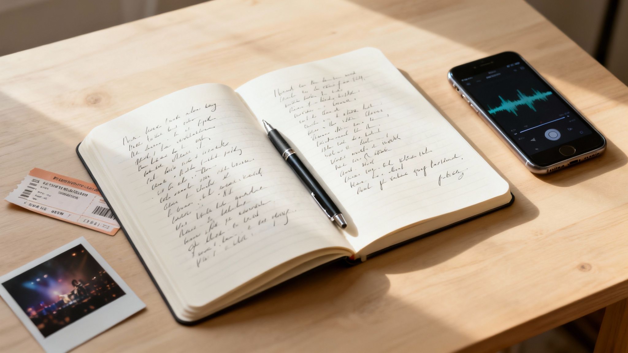 Ein hölzerner Schreibtisch mit einem aufgeschlagenen Notizbuch, einem Stift, einem Smartphone, auf dem Musik abgespielt wird, einer Konzertkarte und einem Polaroidfoto.