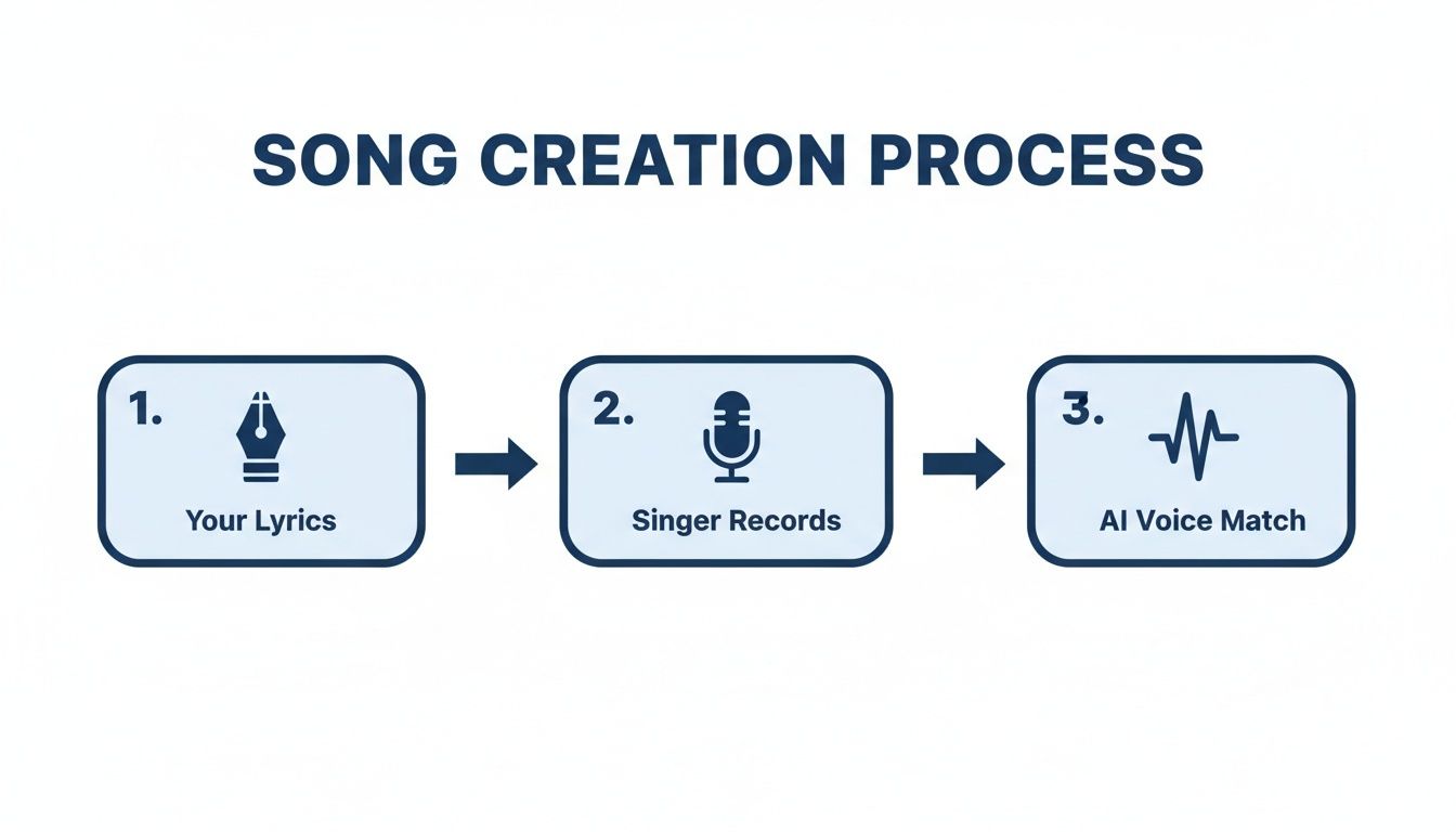 A three-step song creation process: lyrics, singer recording, and AI voice matching.