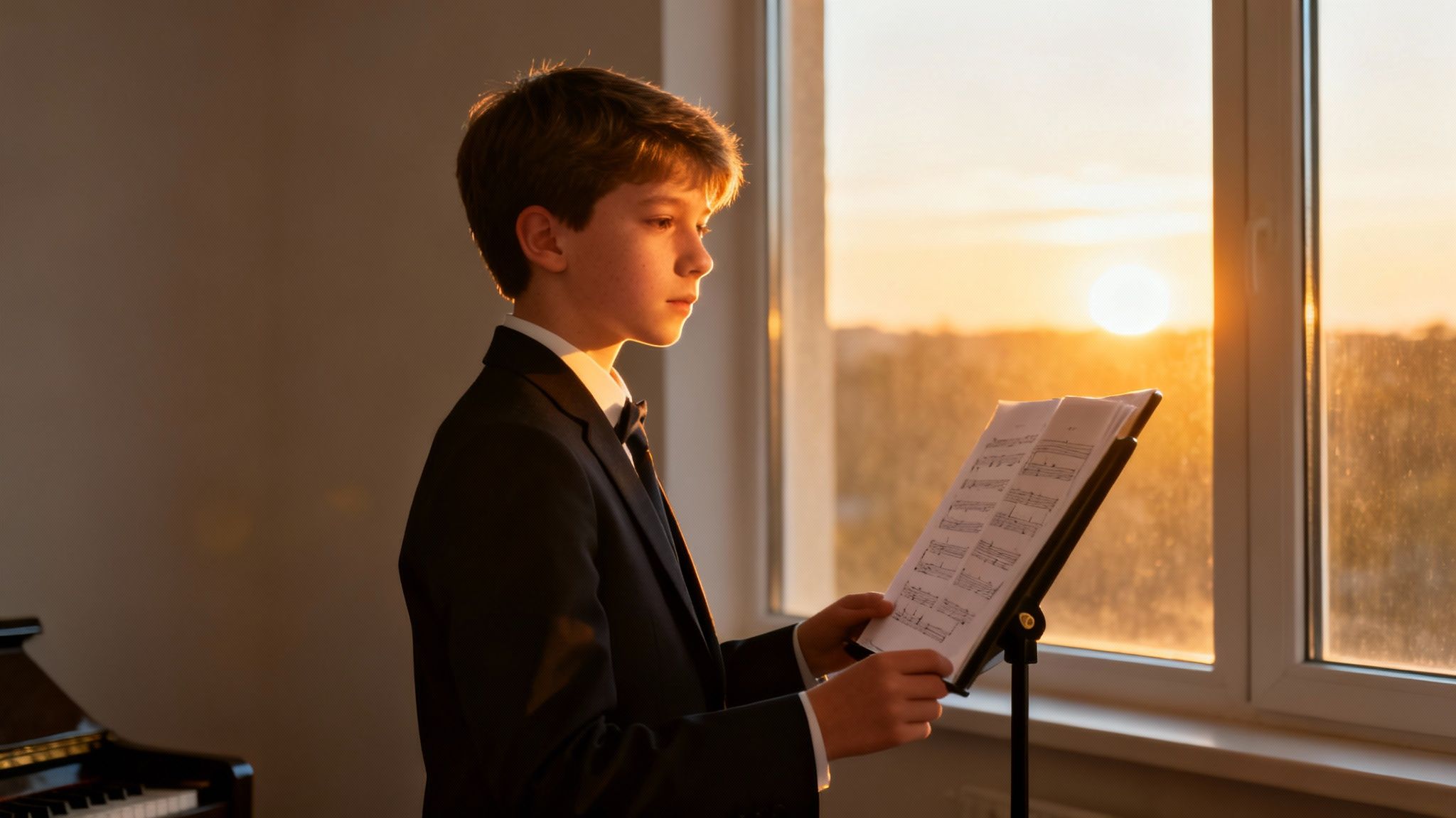 A young boy in a suit reads sheet music on a stand, bathed in golden sunset light.