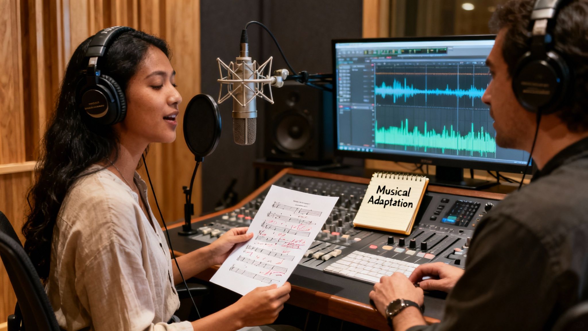 A female singer records vocals with a microphone in a studio, holding annotated sheet music.