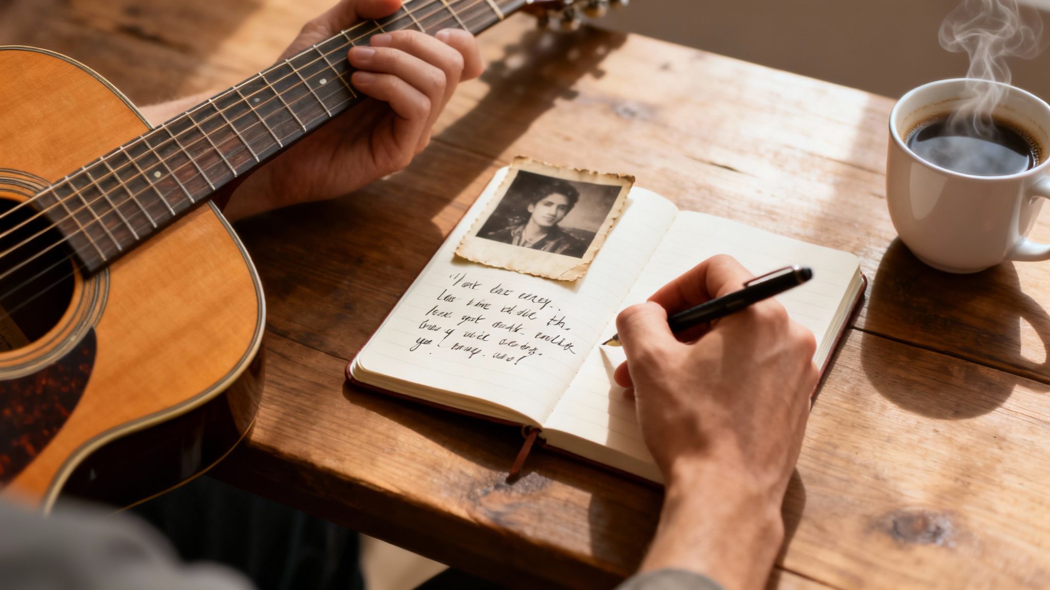 Hands playing a guitar and writing in a journal with an old photo and coffee on a wooden table.