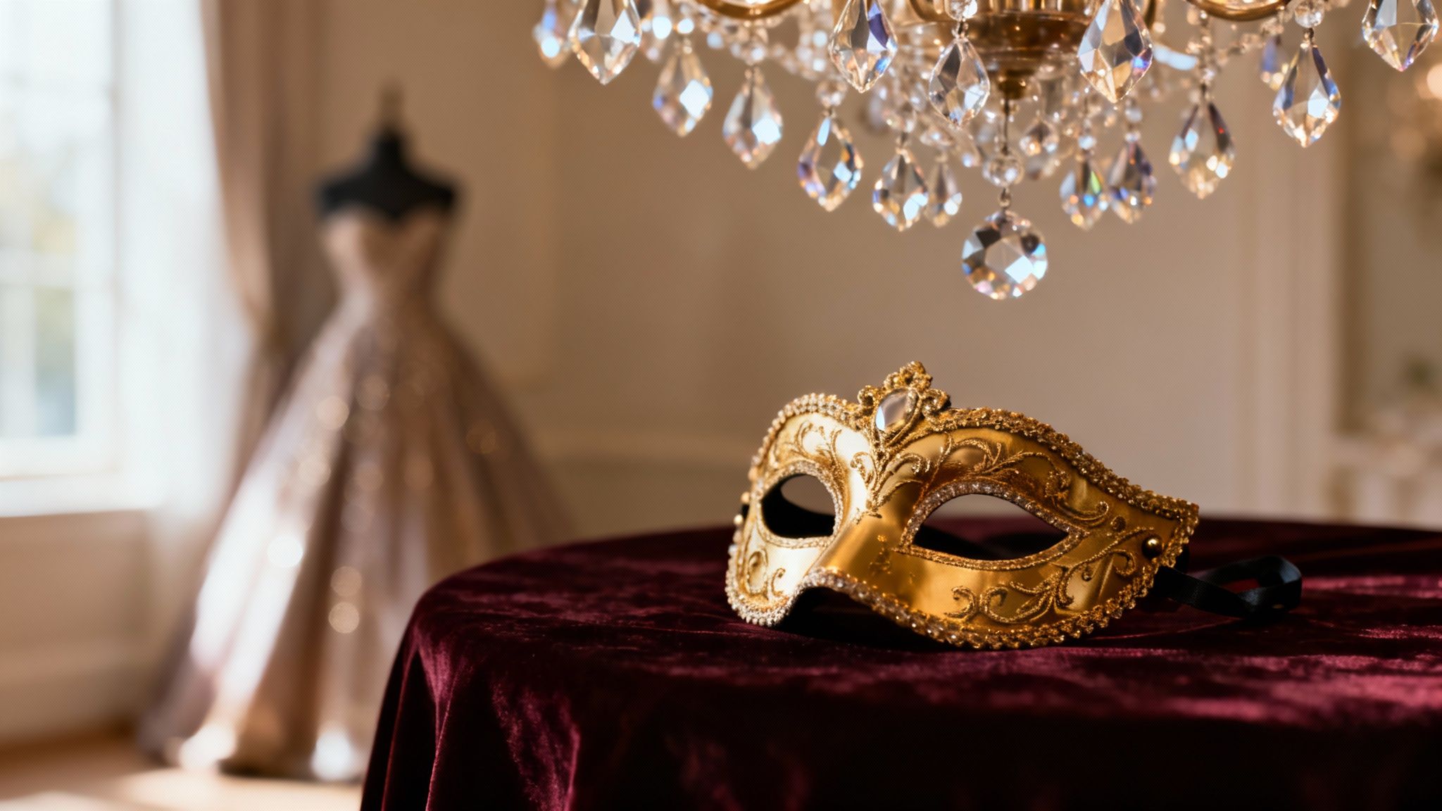 A golden masquerade mask with intricate details sits on a red velvet table under a crystal chandelier.