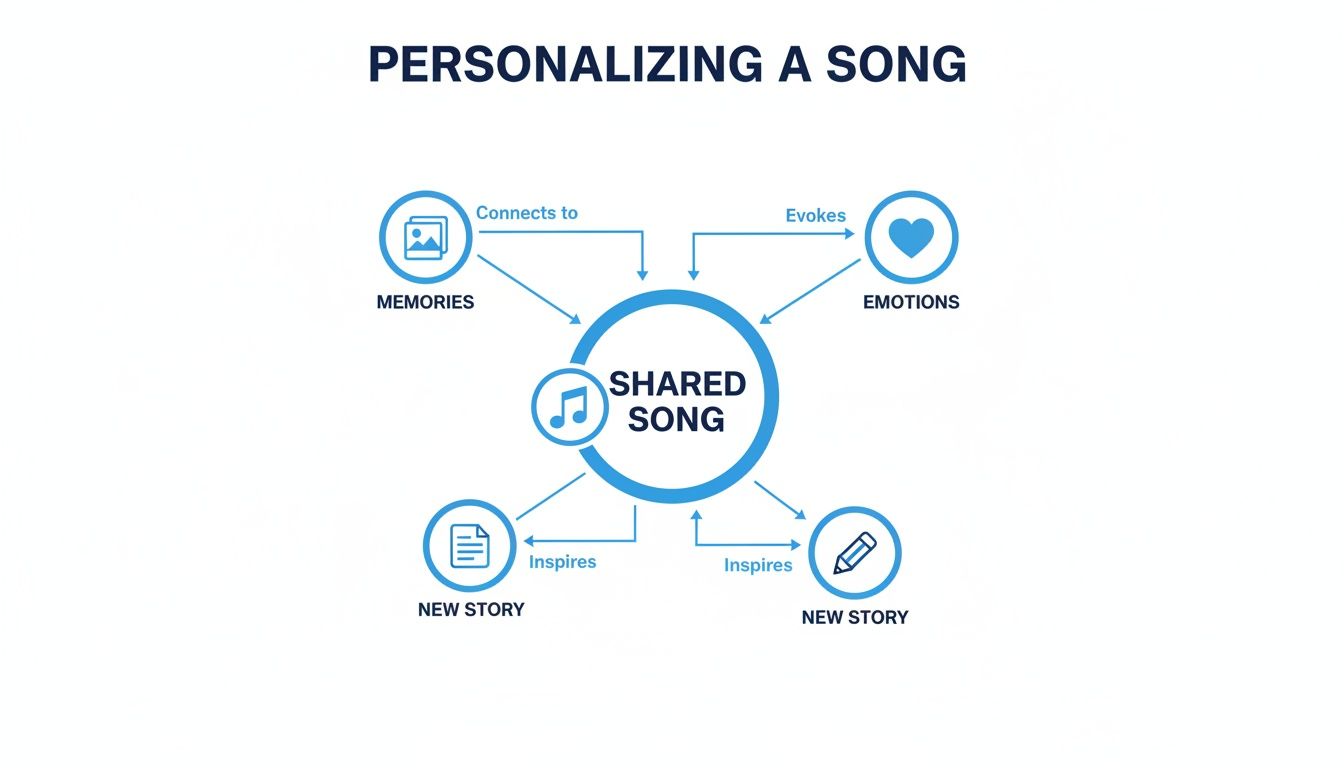 Diagramme illustrant comment une chanson partagée se connecte aux souvenirs, évoque des émotions et inspire de nouvelles histoires.