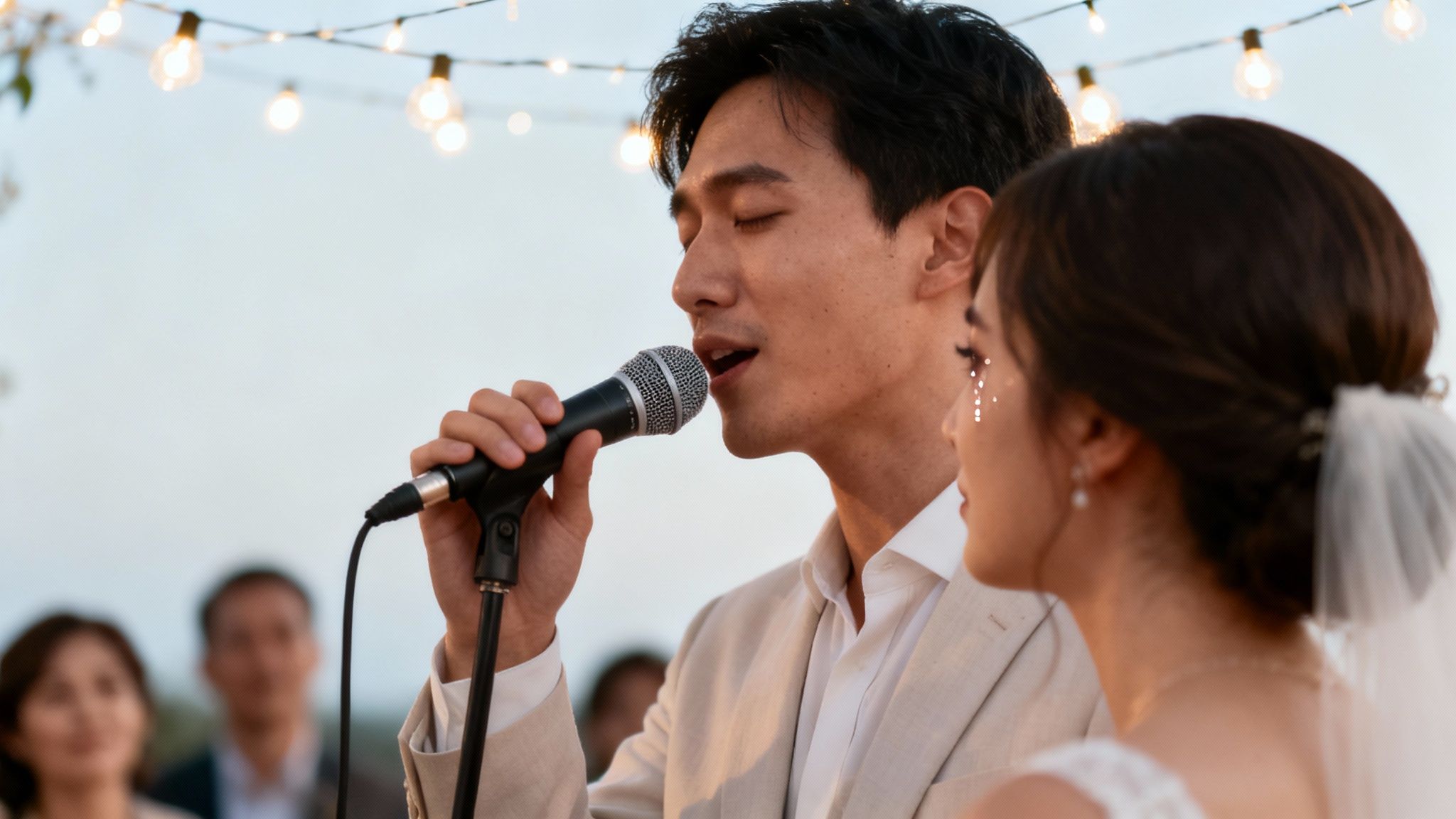 A groom sings into a microphone with closed eyes, while his bride stands beside him at an outdoor wedding.