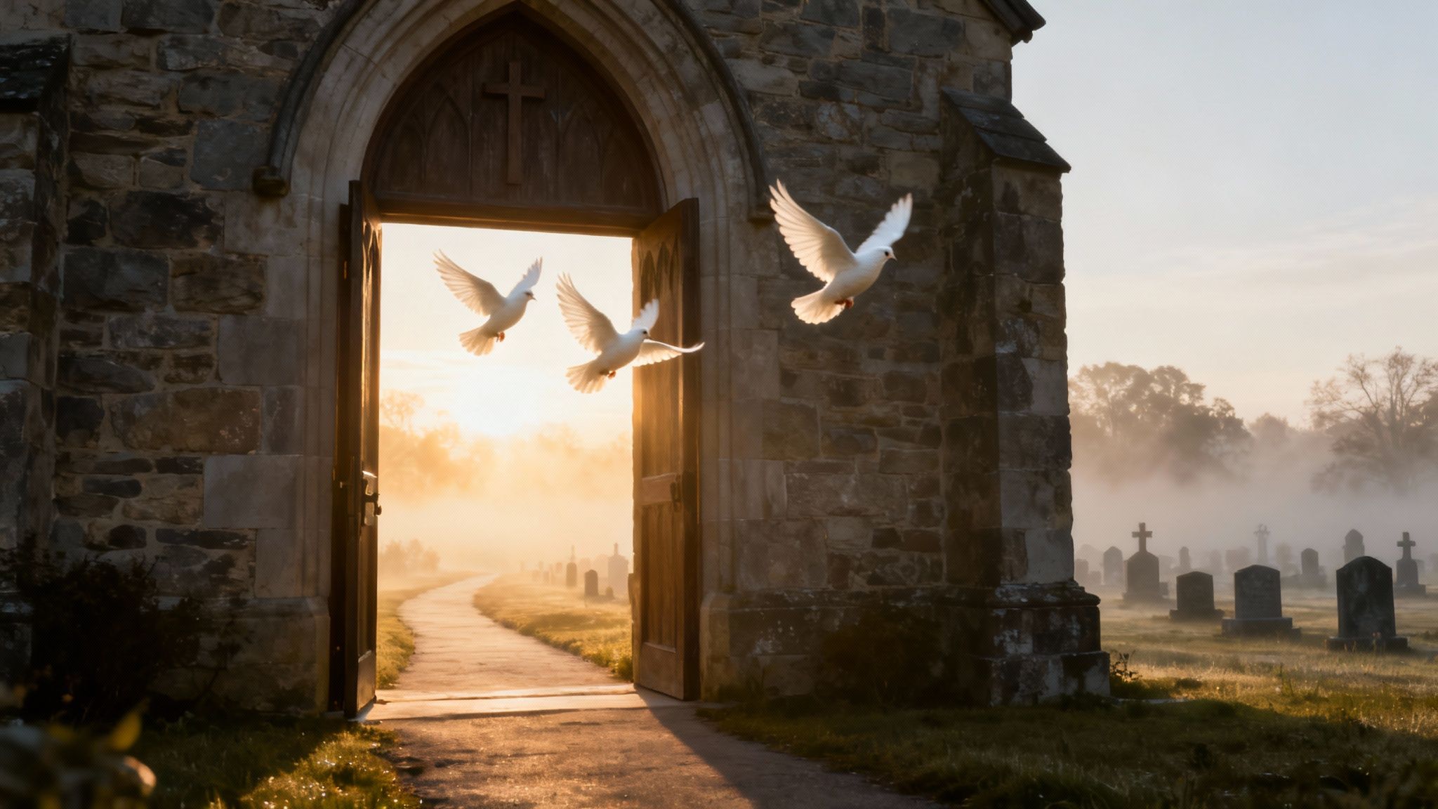 Trois colombes blanches s'envolent d'une arche en pierre d'une église vers un chemin de cimetière brumeux et ensoleillé.