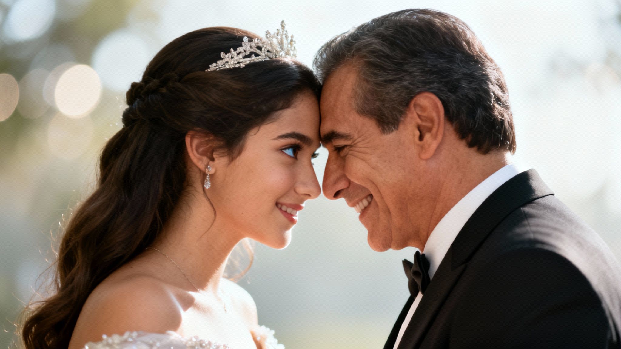 A smiling young woman in a tiara and elegant dress touching foreheads with a man in a tuxedo.