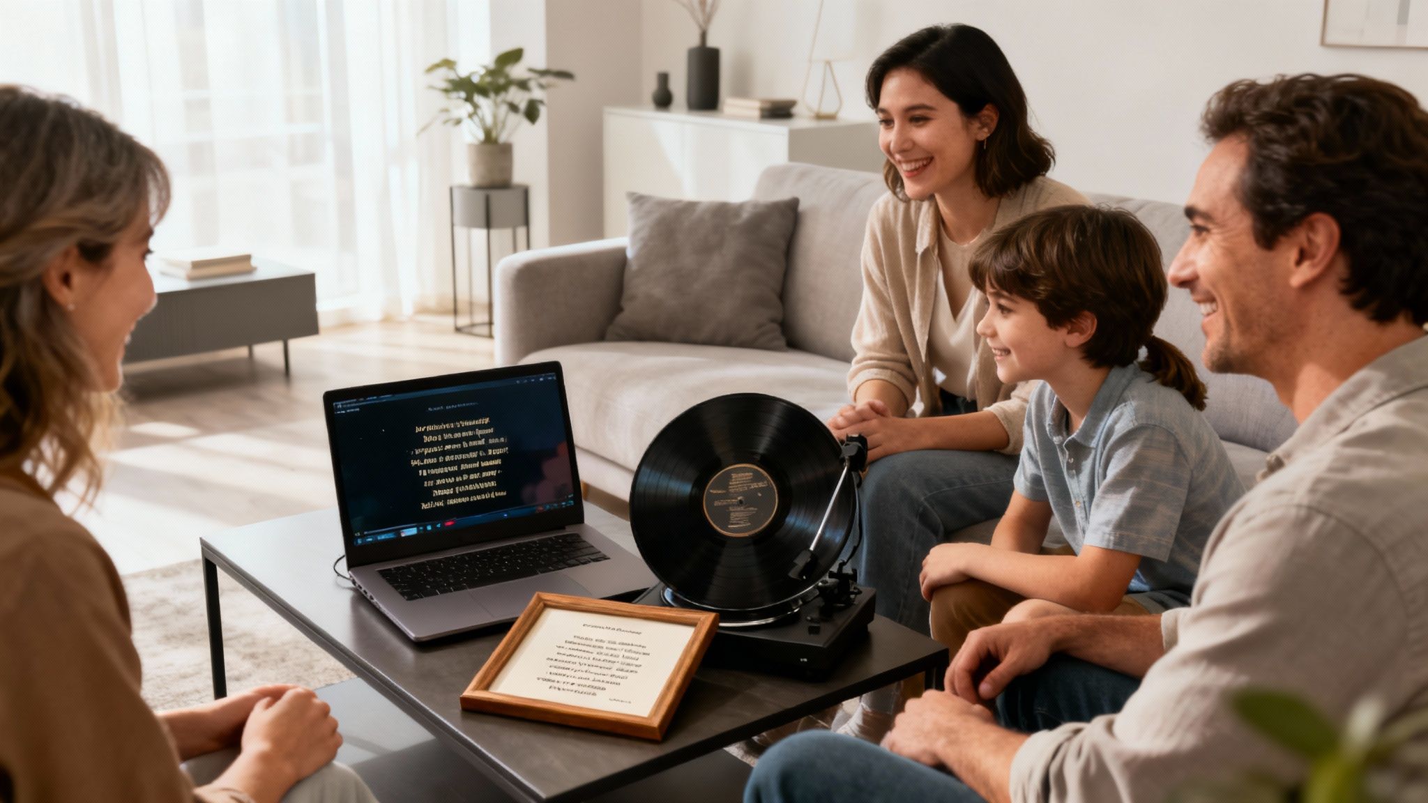 A son unwrapping a beautifully packaged gift, with a look of joyful surprise on his face.