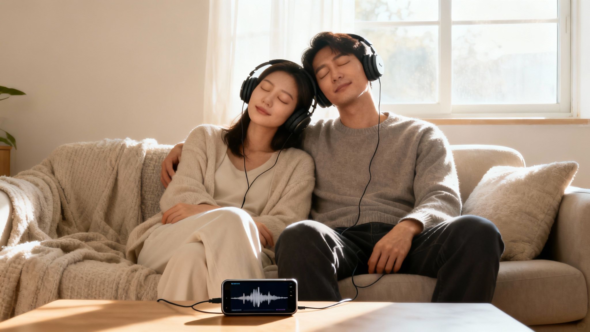 Un jeune couple sur un canapé, les yeux fermés, écoutant de la musique ensemble avec des écouteurs.