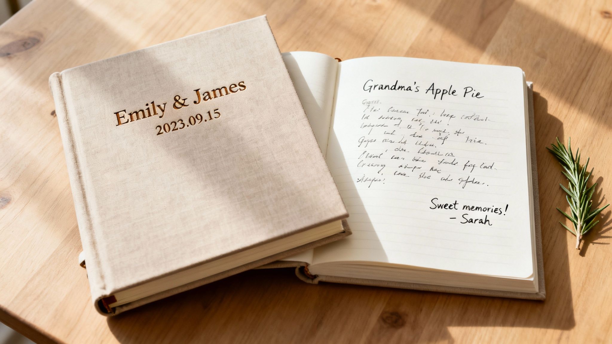 Personalized wedding recipe book with handwritten apple pie recipe and couple's names embossed on linen cover