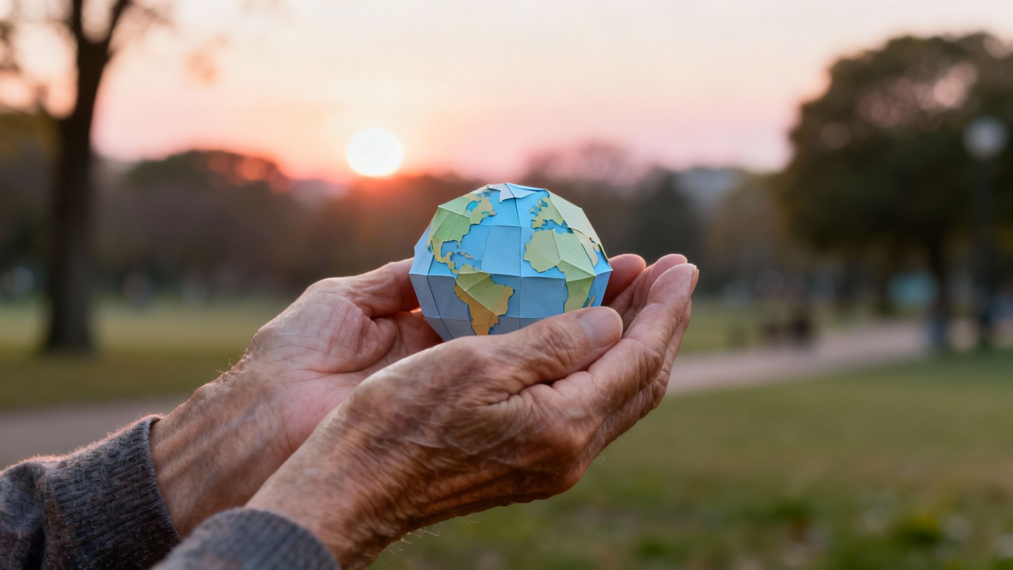 De vieilles mains tiennent délicatement un globe terrestre en papier contre un coucher de soleil chaleureux dans un parc.