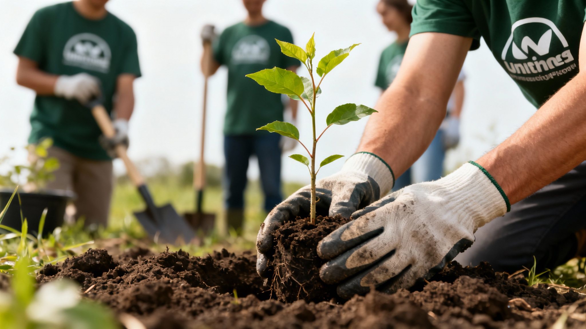 Gros plan sur des mains gantées plantant un jeune arbre dans un sol sombre lors d'un événement de groupe en extérieur.