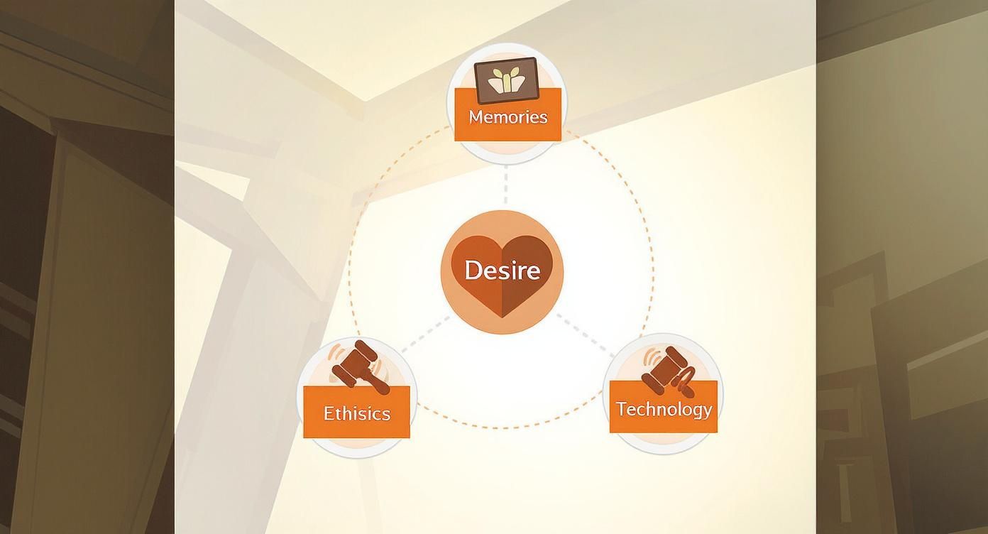 A conceptual diagram showing 'Desire' at the center, connected to 'Memories', 'Ethics', and 'Technology'.