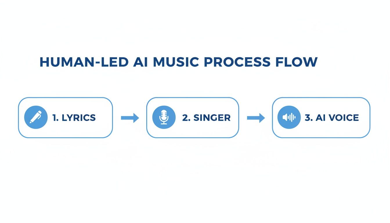 A diagram illustrates the human-led music production process, showing steps from lyrics to voice-matching and mixing.