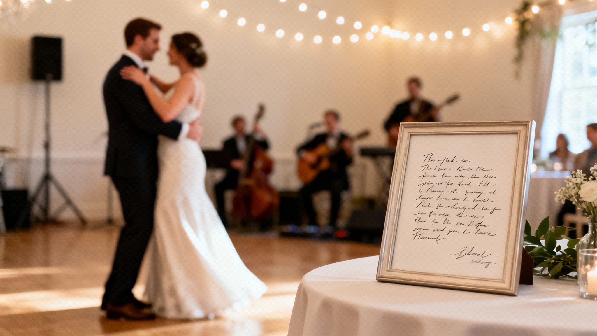 Newlyweds dancing at their wedding reception with a framed handwritten song lyric.