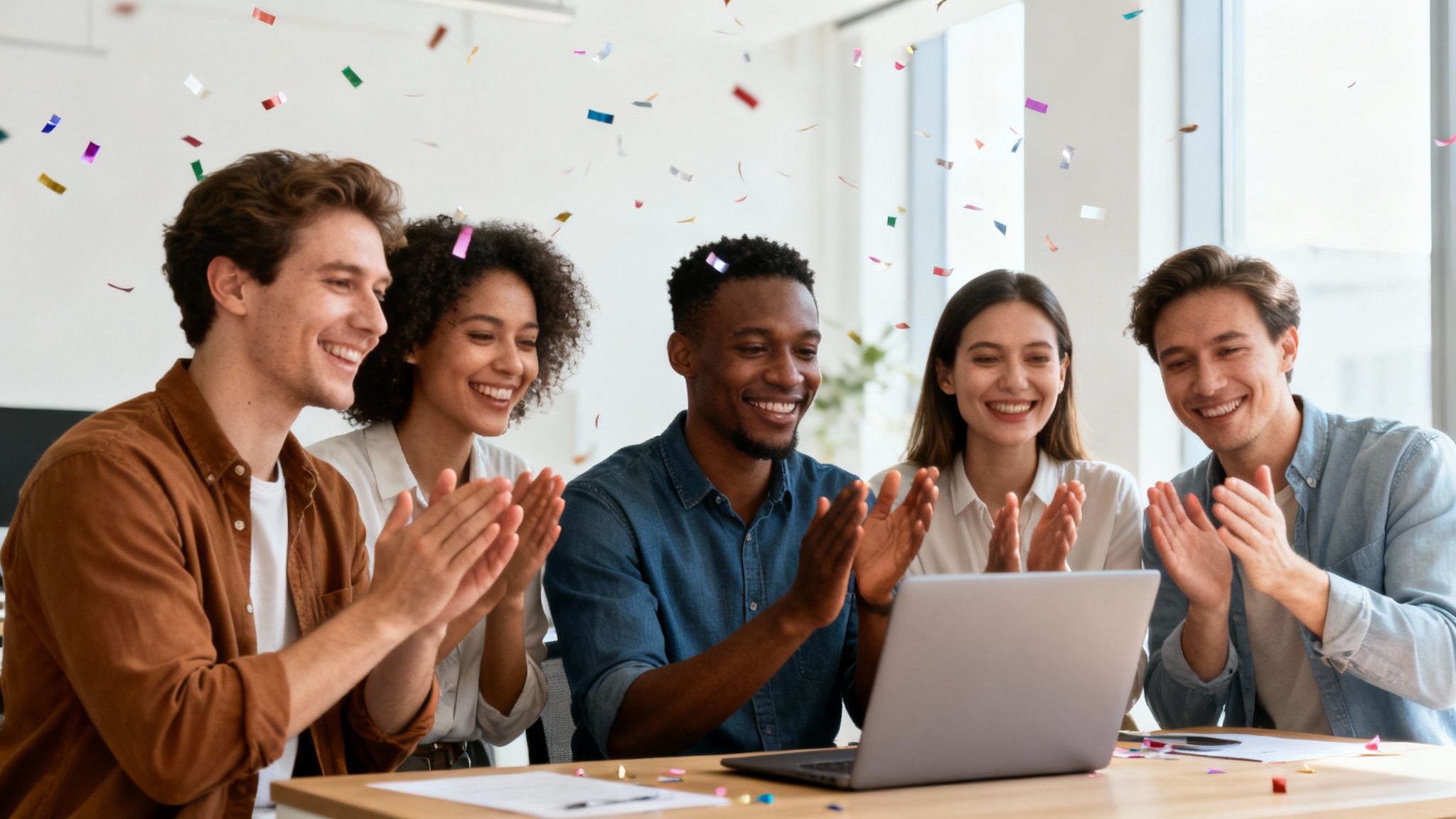 Diverse team celebrating with applause and confetti around a laptop in a bright office.