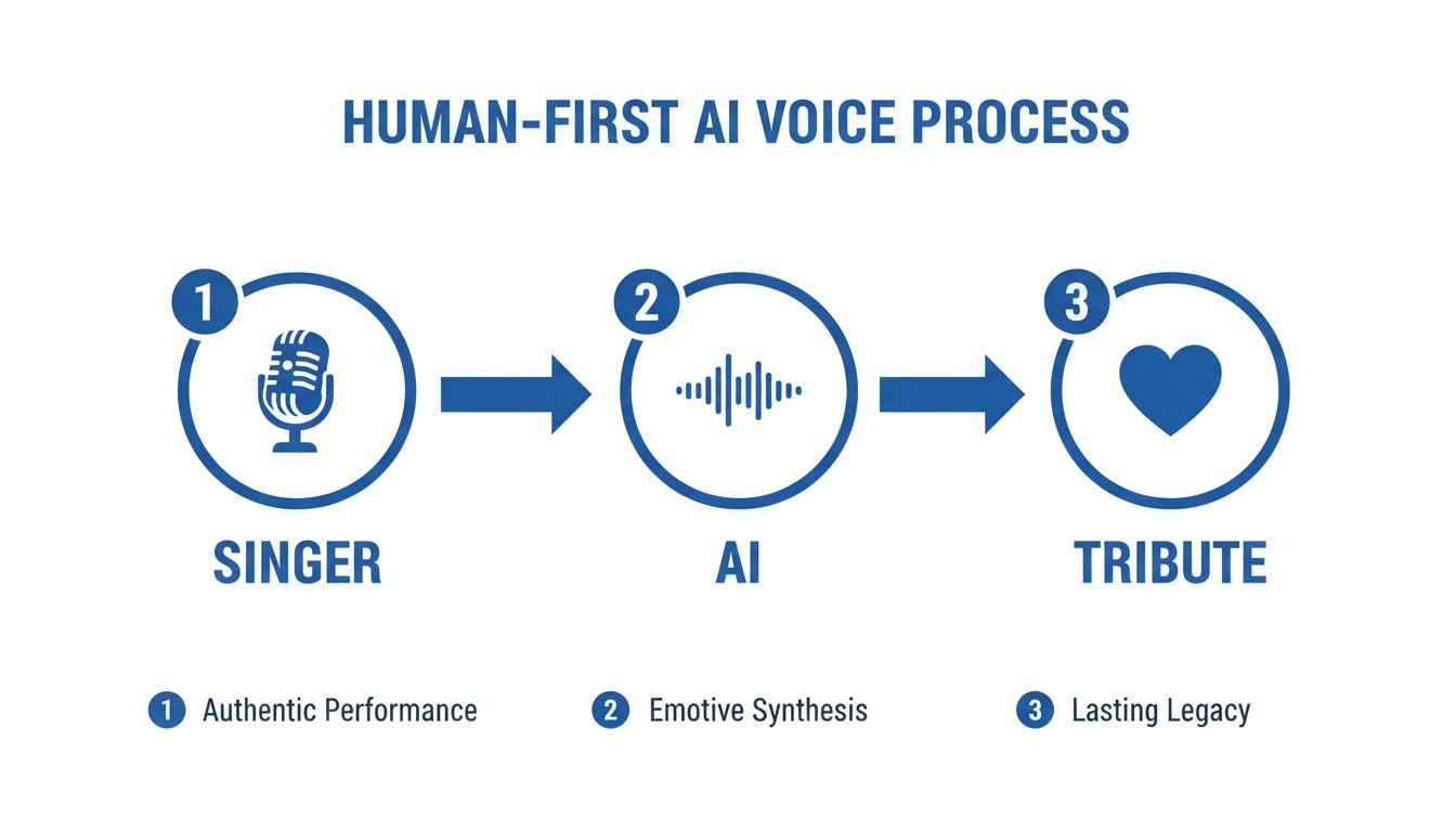 Infographic outlining the Human-First AI Voice Process: Singer, AI, and Tribute stages.
