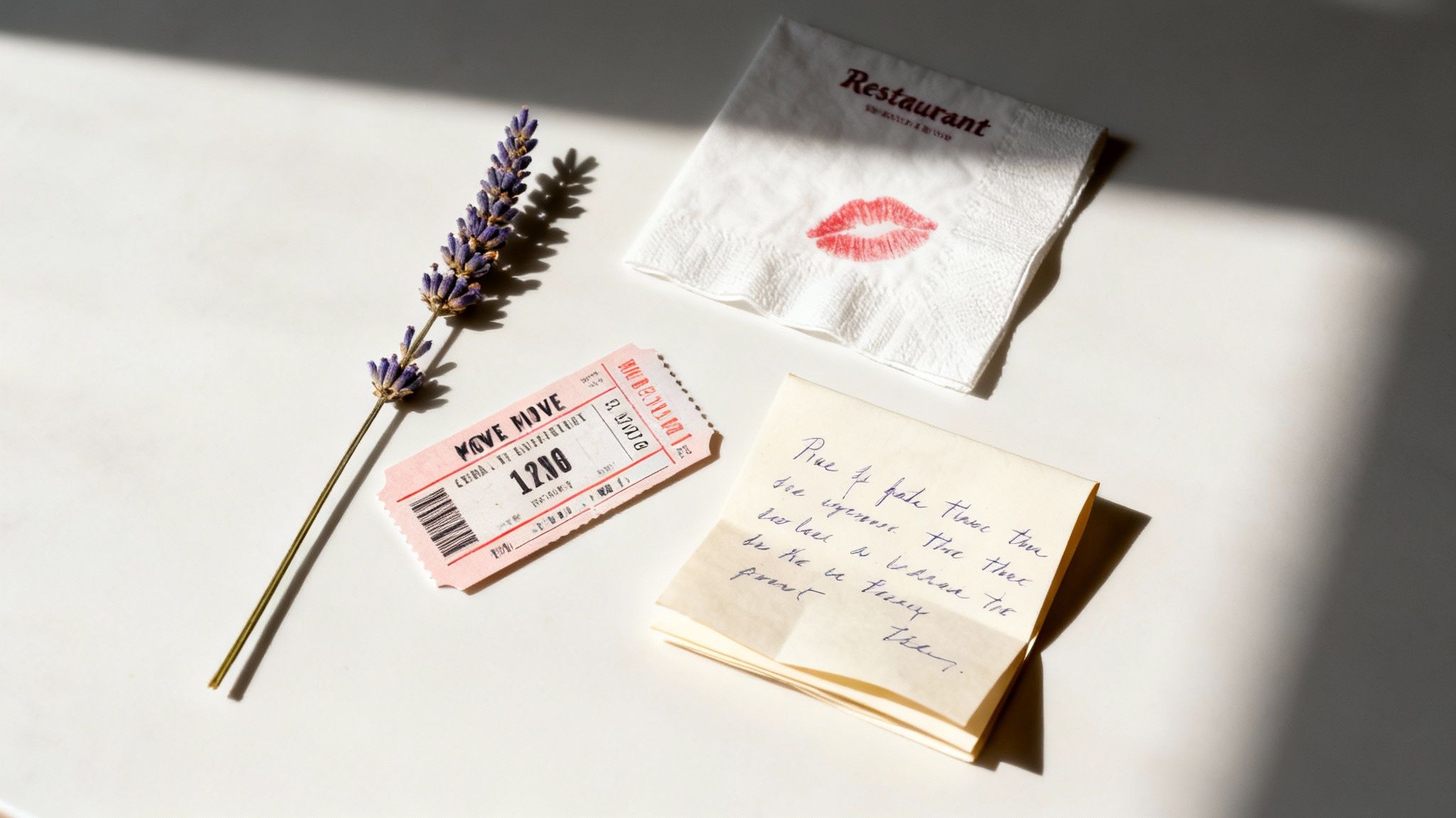 Romantic mementos including a handwritten note and keepsakes.