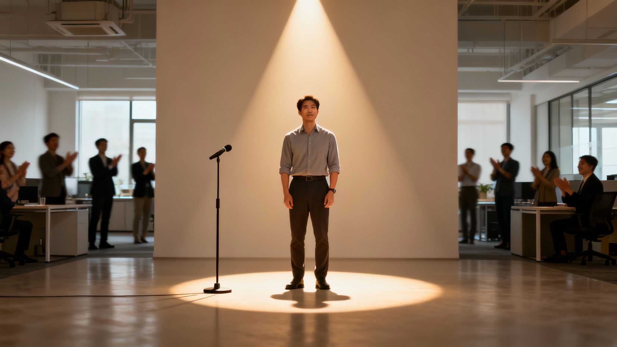 A man stands in a spotlight next to a microphone, applauded by colleagues in an office.