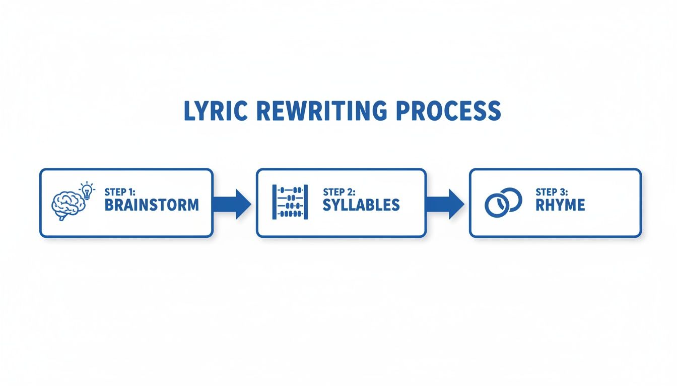 Un organigramme clair décrivant le processus de réécriture des paroles en trois étapes : brainstorming, syllabes et rimes.