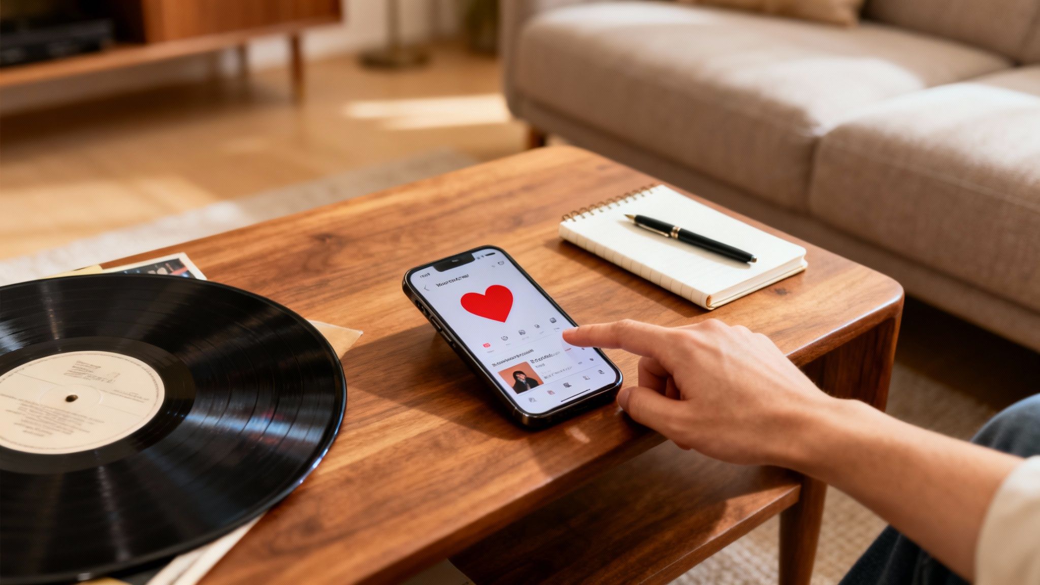 A person's hand interacts with a smartphone displaying a red heart icon on a wooden table, beside a vinyl record.